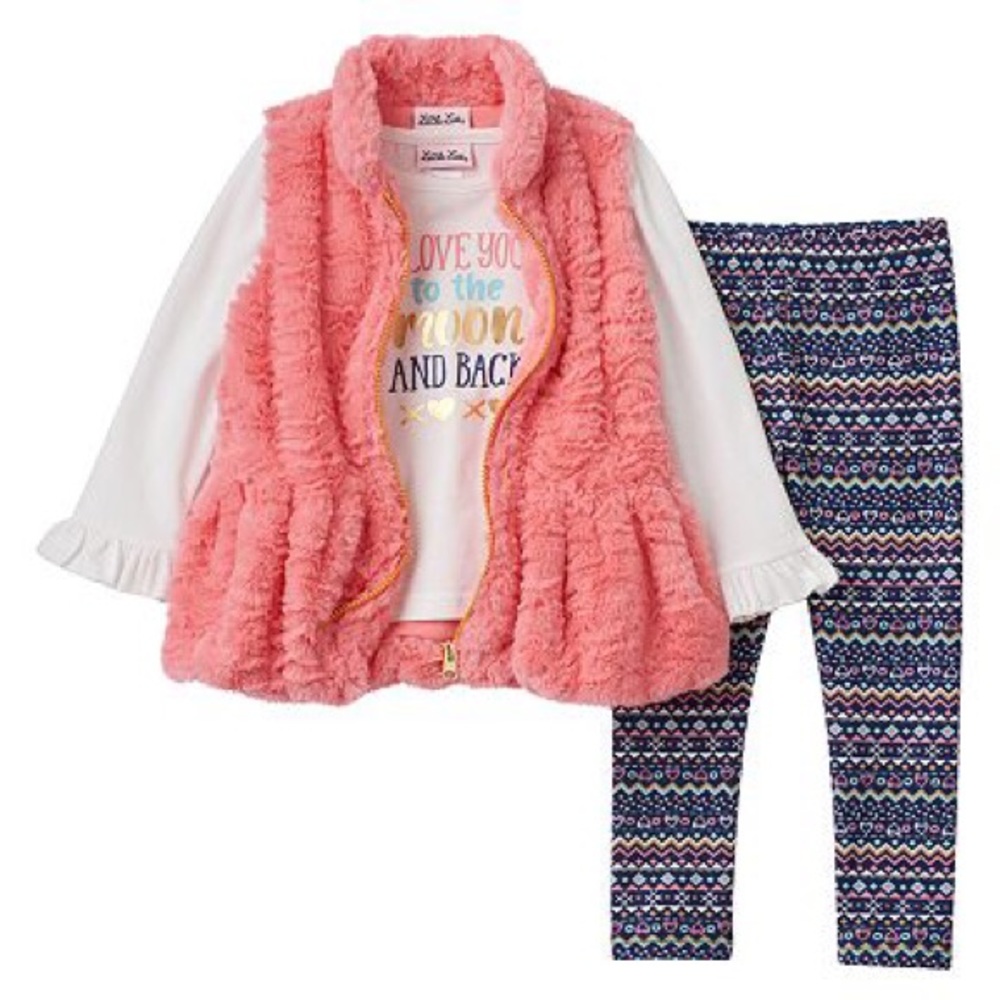 Little Lass Faux-Fur Vest, Tee & Patterned Leggings Set